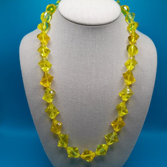 Vintage W Germany Yellow Acrylic Bead Necklace 1950s Button Clasp